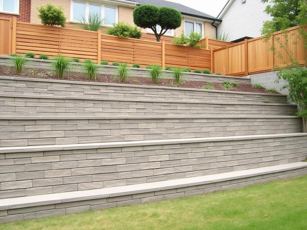 Masonry retaining wall with timber screening and planting above